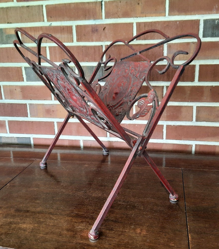 Red Metal Folding Magazine Newspaper Log Rack with Lion Head Leaf Scrollwork
