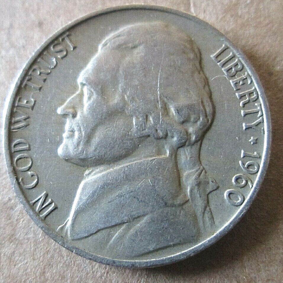 1960-P JEFFERSON, REVERSE PEELING LAMINATION ERROR, VF, MODERATE WEAR, CIRC.