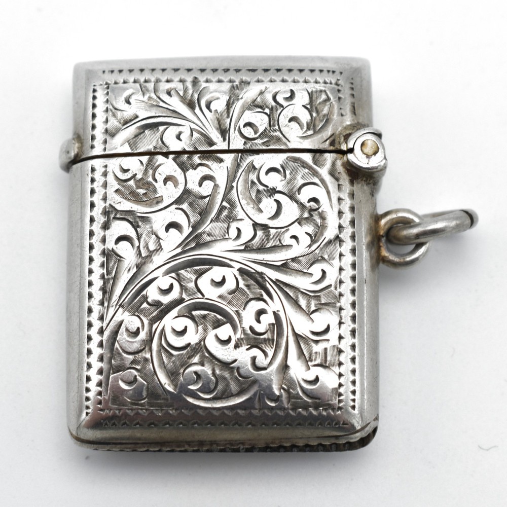 Antique Victorian Solid Sterling Silver Vesta Case Match Safe 1900 Acanthus