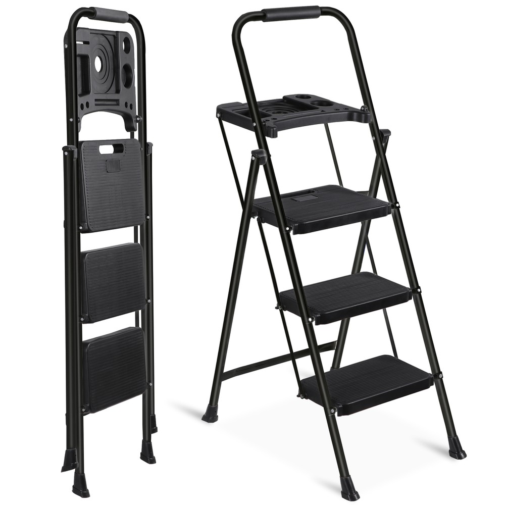 Step Ladder 3-Step Ladder with Tool Platform Folding Ladder Lightweight Black