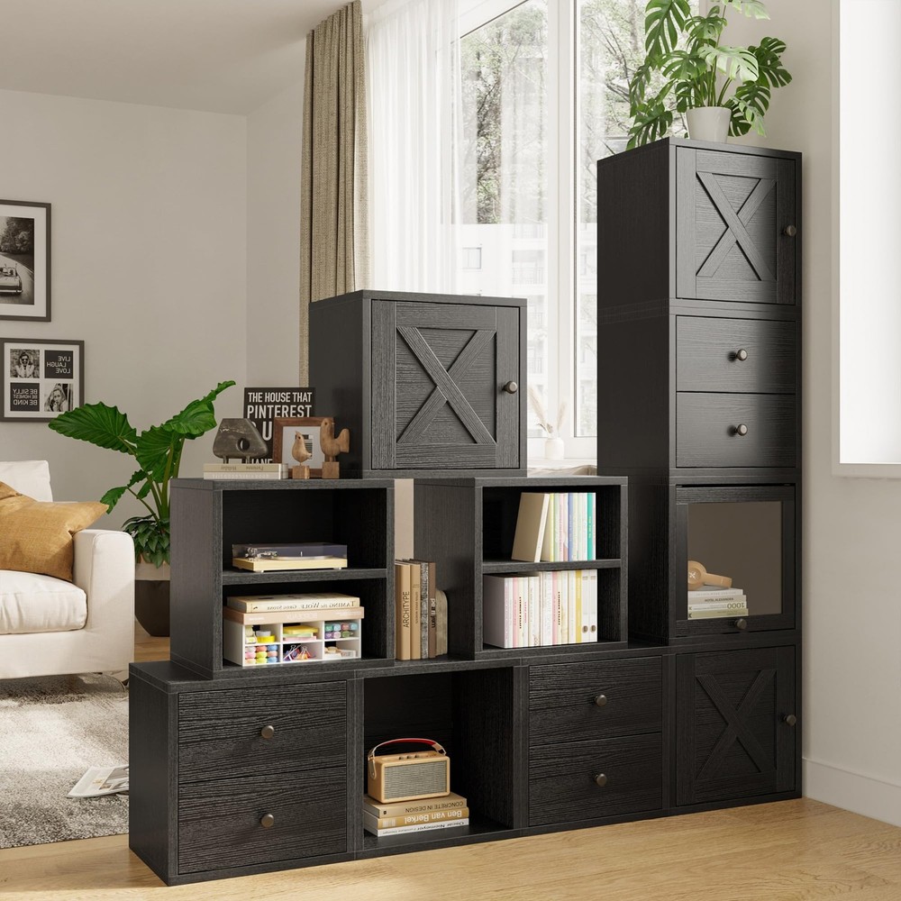 FUSUNBAO Stackable Cube Storage Organizer Modular Cubby Glass Door Black