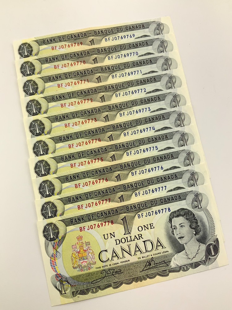 One 1973 Canada 1 Dollar Banknote Order Multiple for Consecutive JJ751