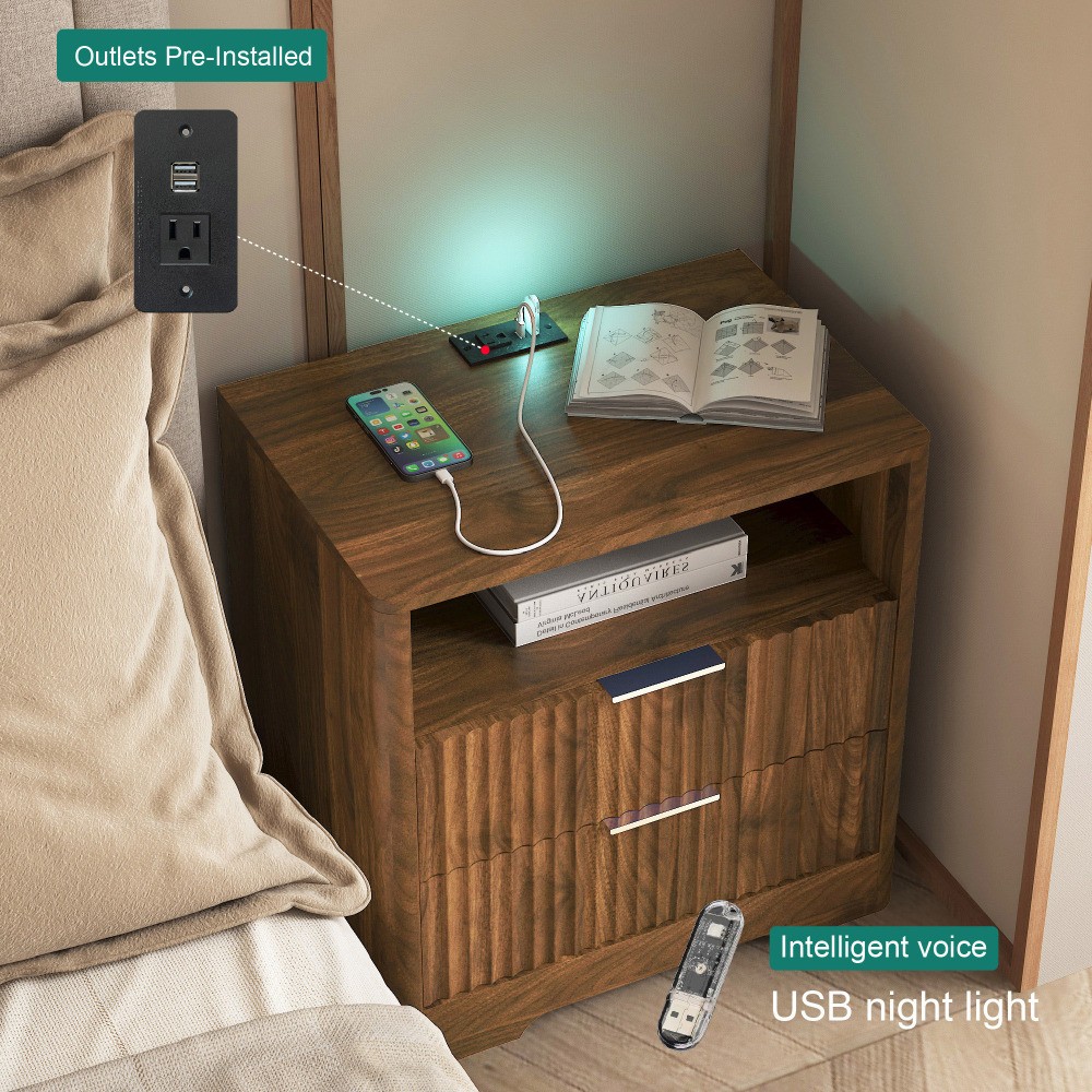 Smart Nightstand w/ USB Charging, Voice Control LED Light & Storage