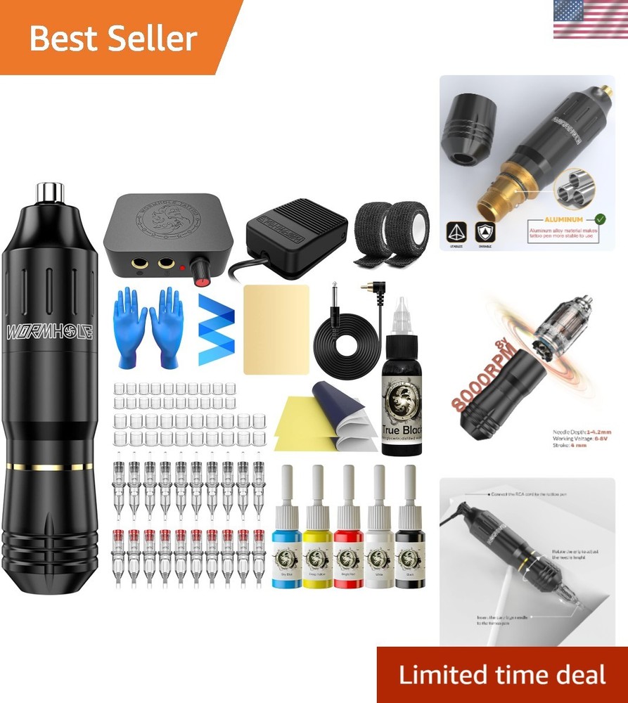 Wormhole Rotary Tattoo Machine for Beginners - Complete with Inks & Power Supply