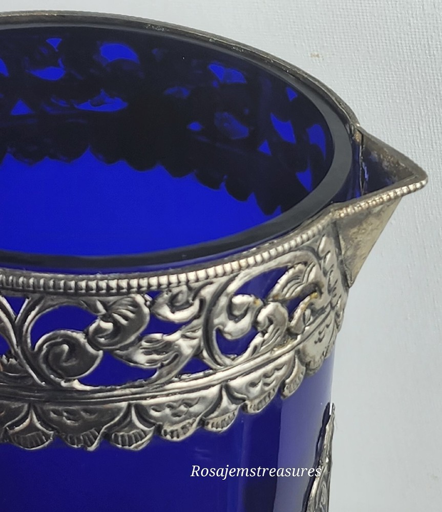 Cobalt Blue Pitcher with Silver Toned Filigree