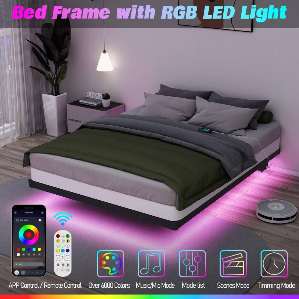 Floating Bed Frame Full LED Metal Platform Bed Frames 8 Inch Modern Bed with ...