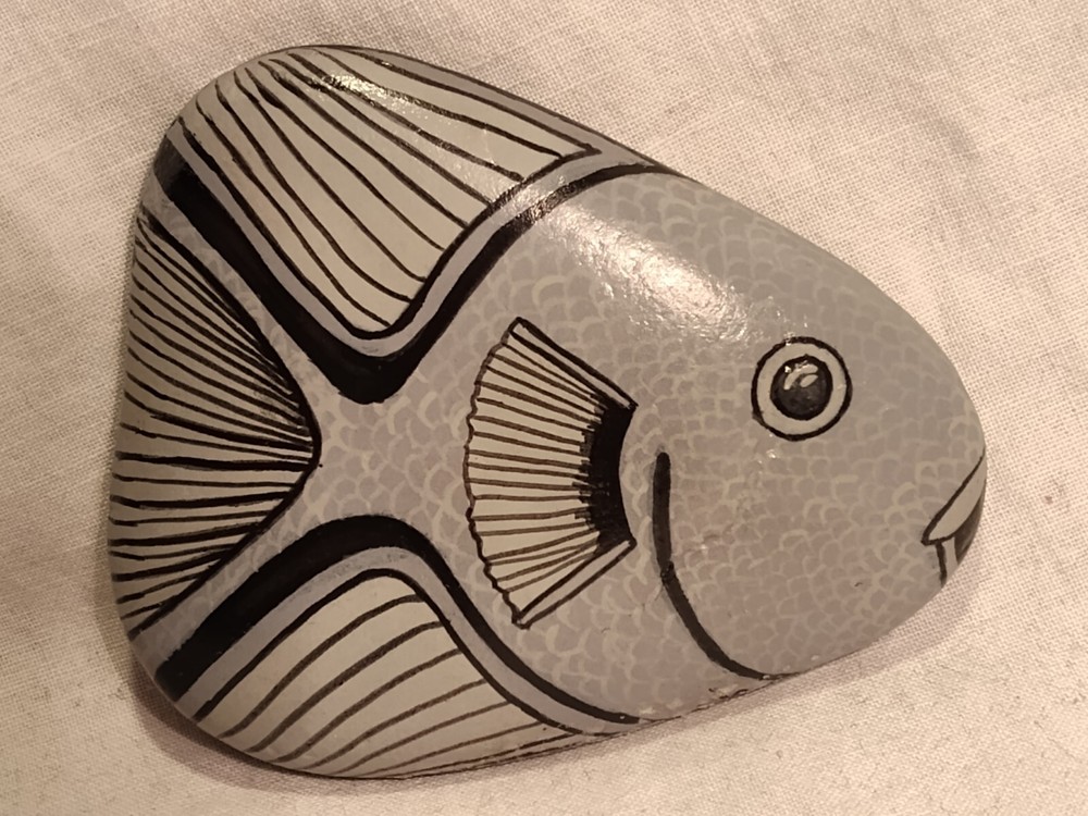 Hand Painted Stone Rock Gray Fish Signed