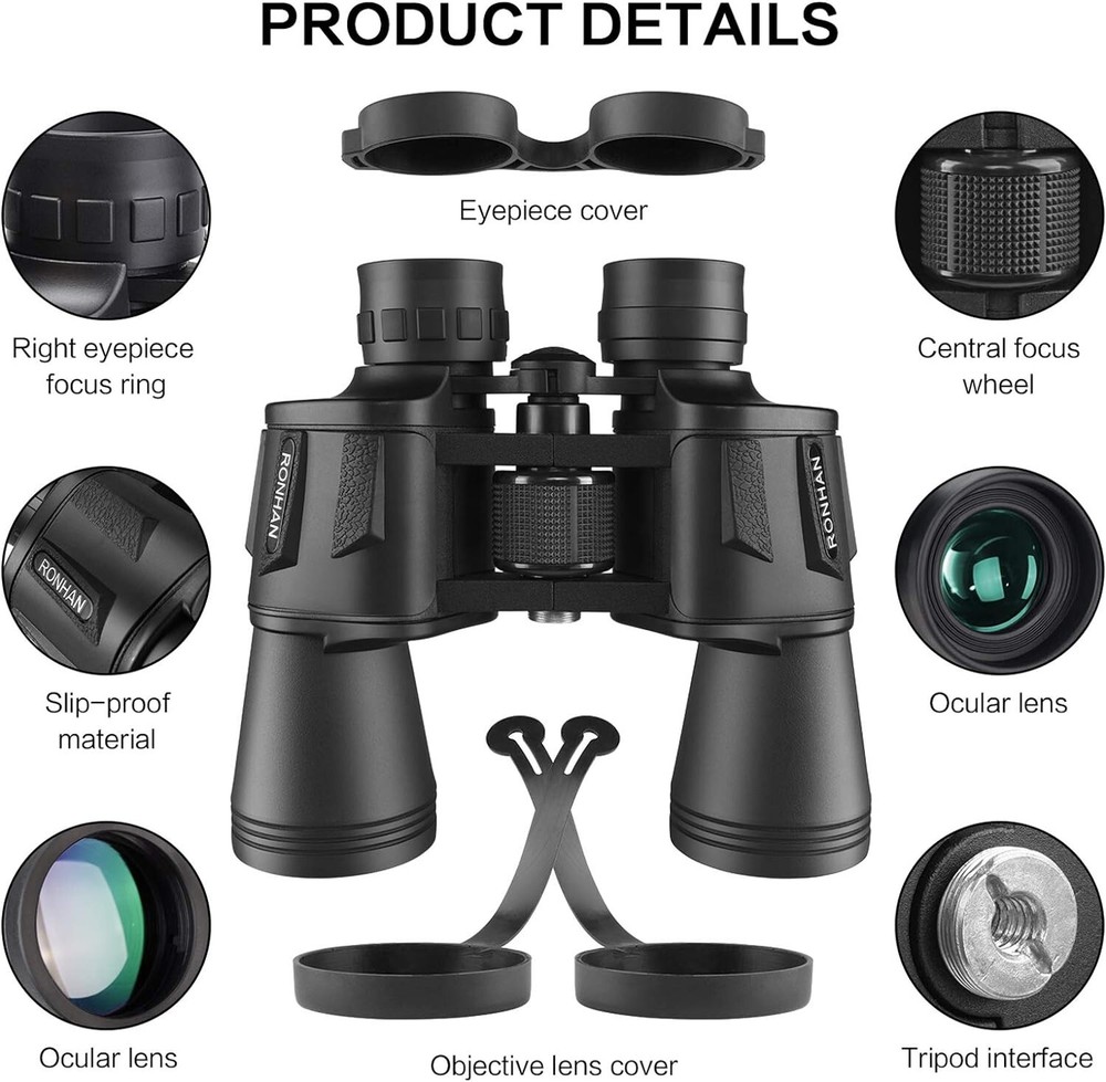 RONHAN BLACK 20x50 Binoculars Compact HD ProCarrying Strap Waterproof