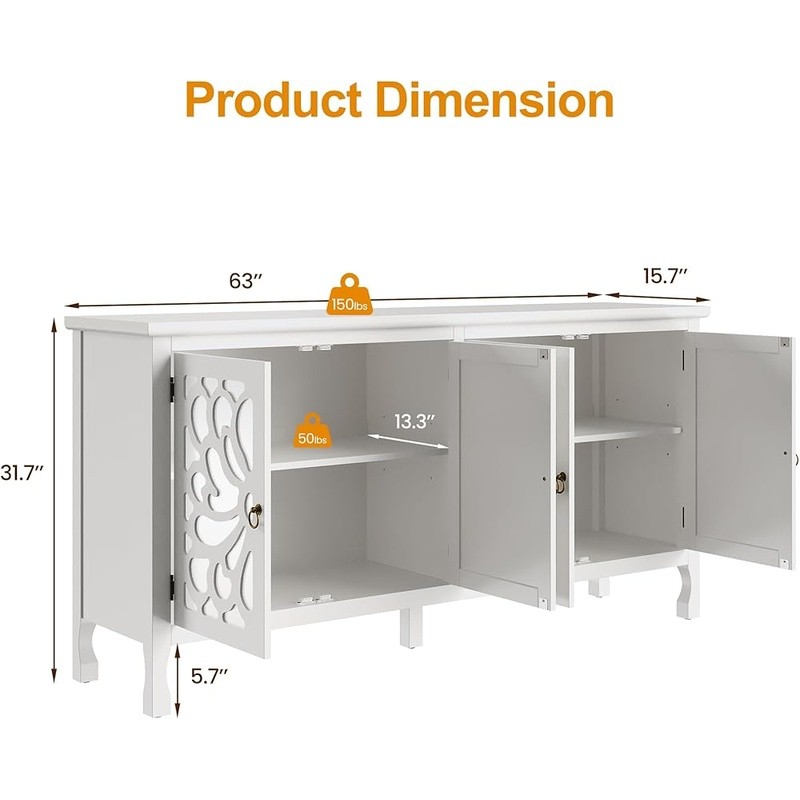 Waterproof Buffet Cabinet Adjustable Storage Butterfly Design Mirrored Sideboard