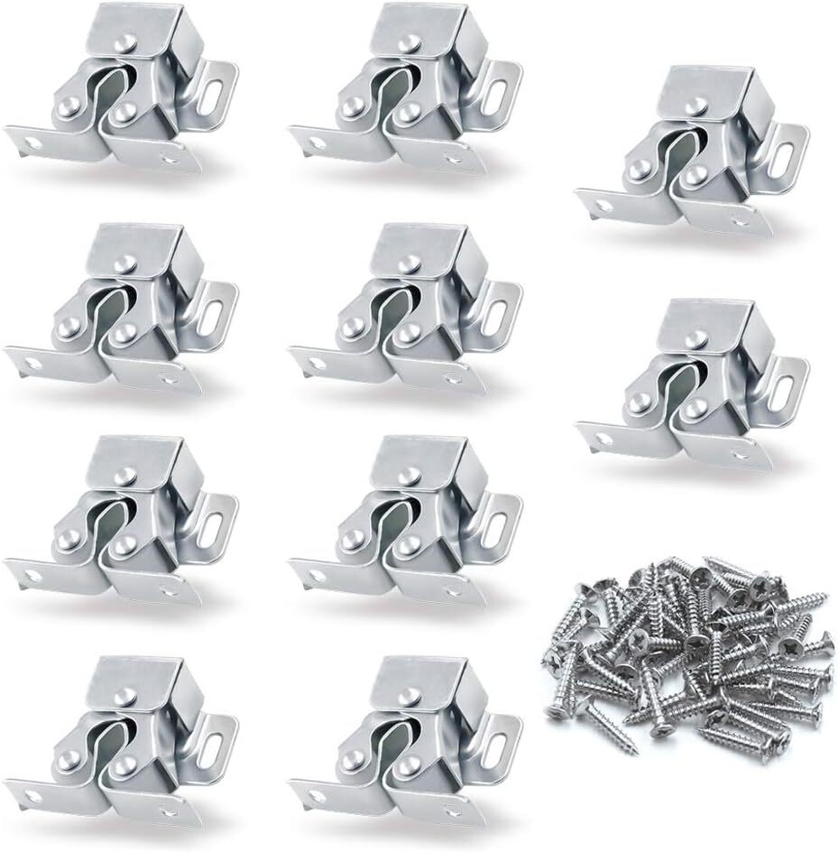 10 Pack Double Roller Catch Cabinet Latches with Spear Strike for Cupboard Close