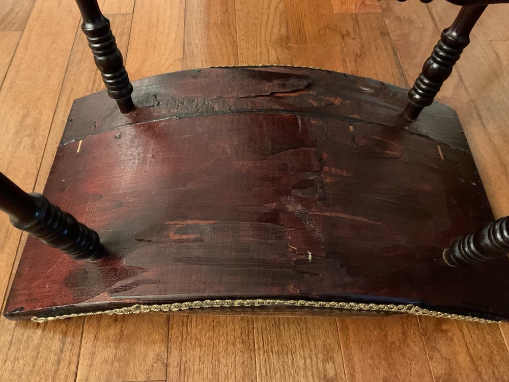Antique Victorian Solid Wood Bench Stool with Spindle Center Support & Tapestry