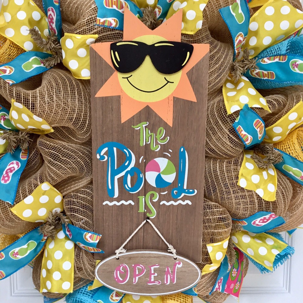 Pool Is Open Burlap Deco Mesh Summer Wreath