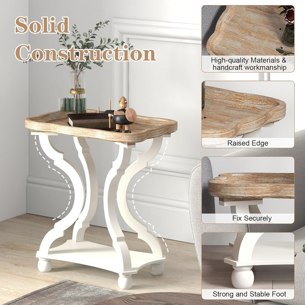 White Accent Side Table Vintage Wood End Table Sofa Table with Bottom Shelf