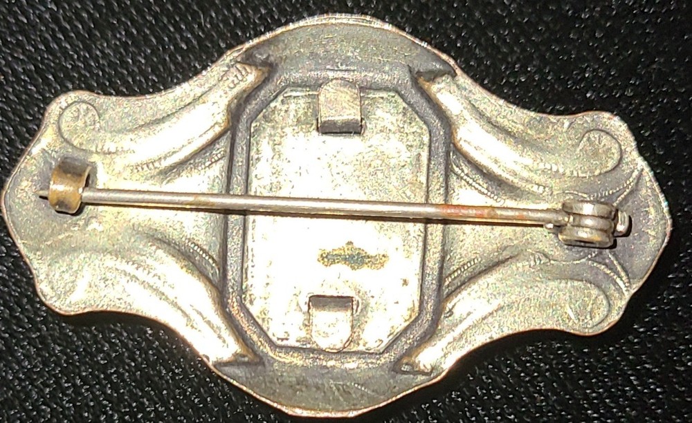 Art Deco Enamel On Copper Brooch, Green Stone, C-clasp