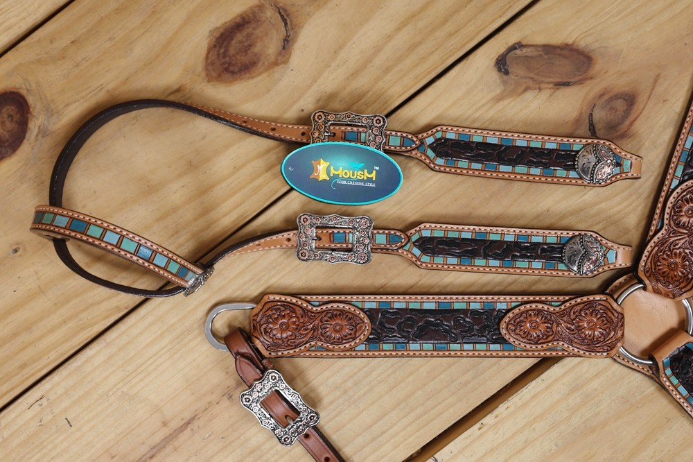 Western Leather Headstall and Breast Collar Tack Set