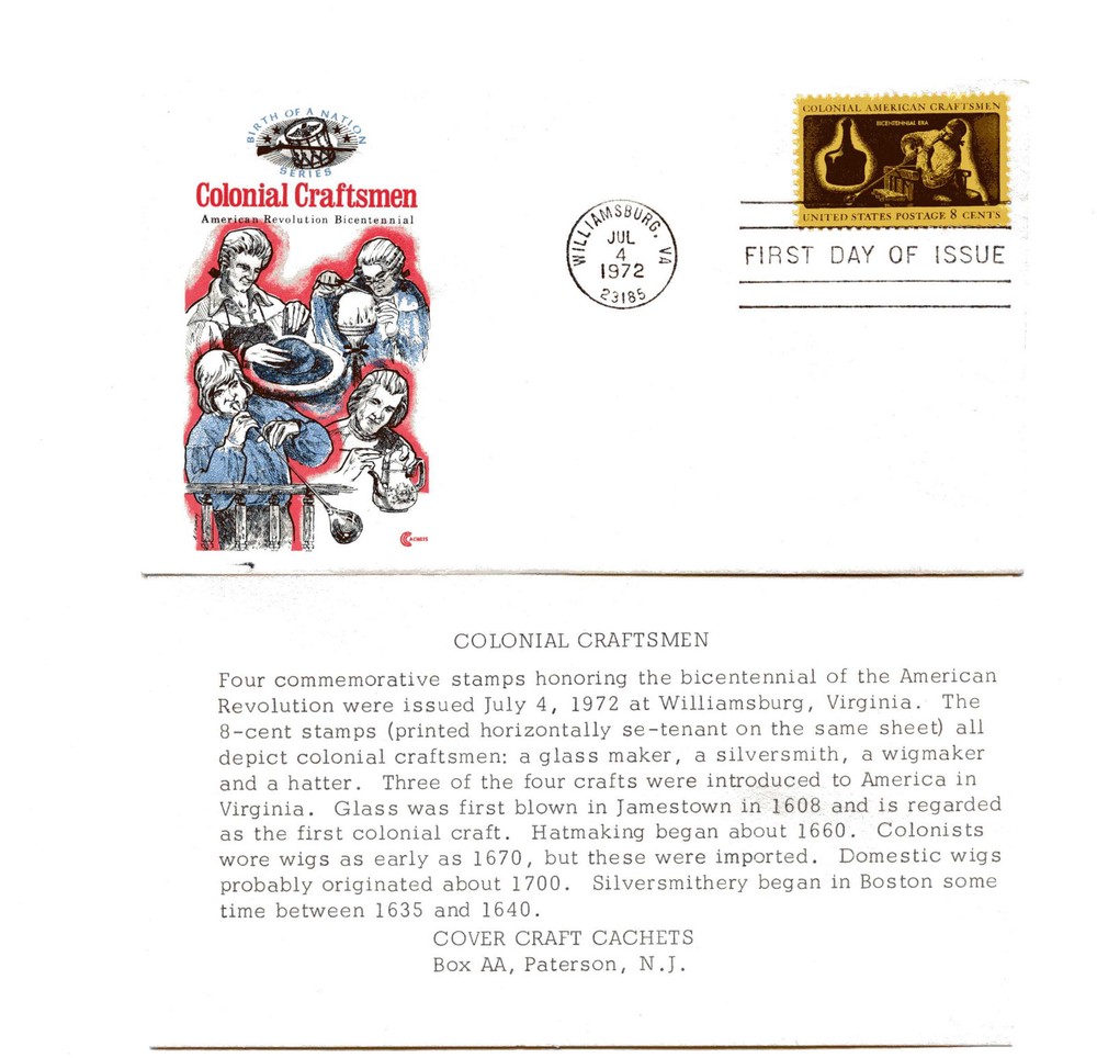 1456-59 Colonial-Craftsmen 4 Cover Craft Cachets, CCC, single FDCs with inserts
