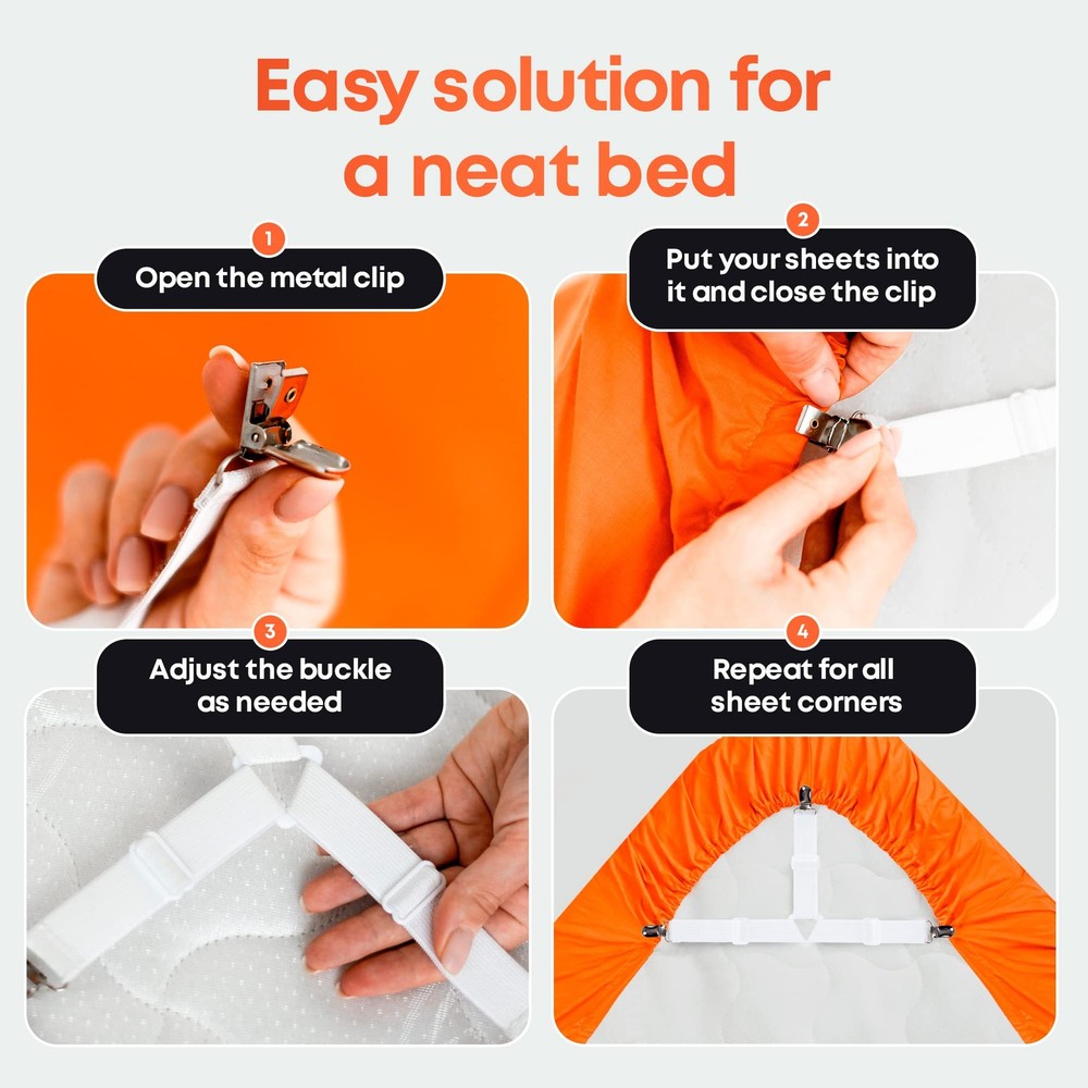 Bedding Sheet Straps Set, Durable Metal Clip Fasteners for Secure Hold, White