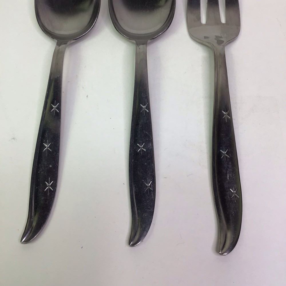 NS CO Starette 3 Pc Stainless Serving Set Stars 2- Solid Spoons & Fork JAPAN