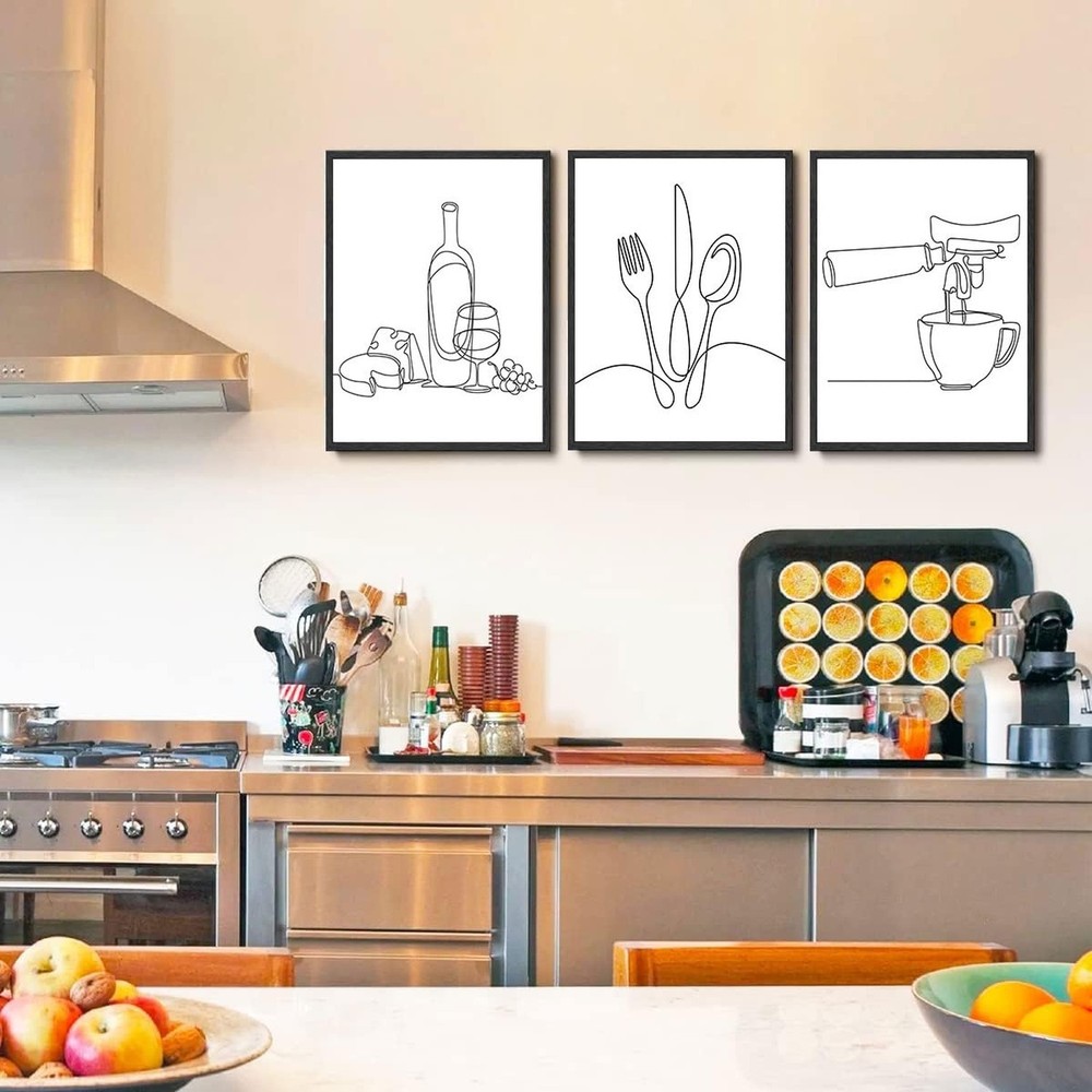3Pcs Line Drawing Kitchen Wall Art, Modern Black White Minimalist Kitchen Abs...