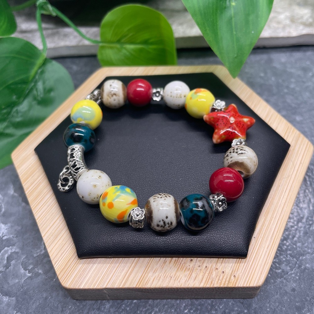 Handmade Ceramic Bead Beaded Stackable 6.25” Plus Stretch Bracelet New B523