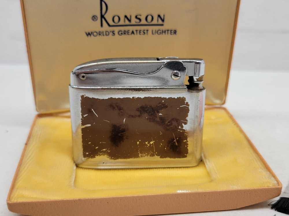 VTG RONSON ADONIS CIGARETTE LIGHTER SILVER W ORIGINAL BOX INSTRUCTIONS & BRUSH