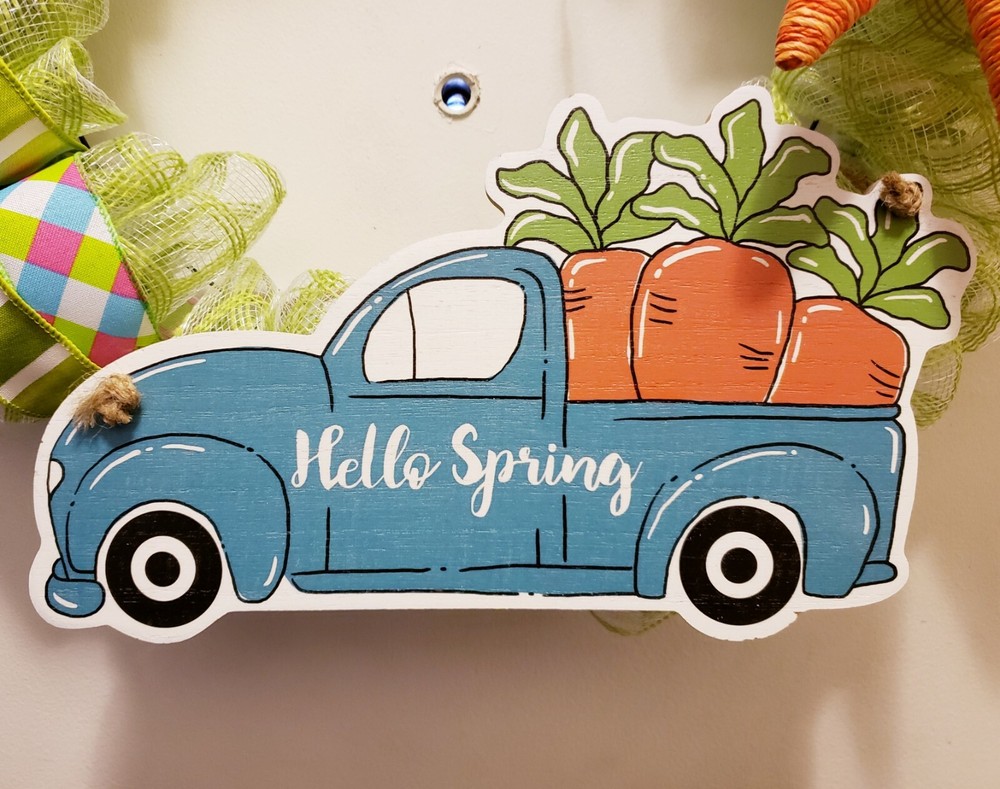Hello Spring Truck Wreath - Mesh & Canvas Ribbon