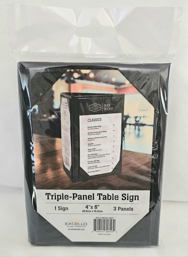 Excello  4" X 6" Triple Sided Panel Black Table Tent Menu Sign
