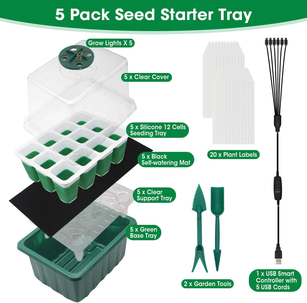 Self-Watering Seed Starter Tray Set with Grow Light - 5 Pack, 60 Cells