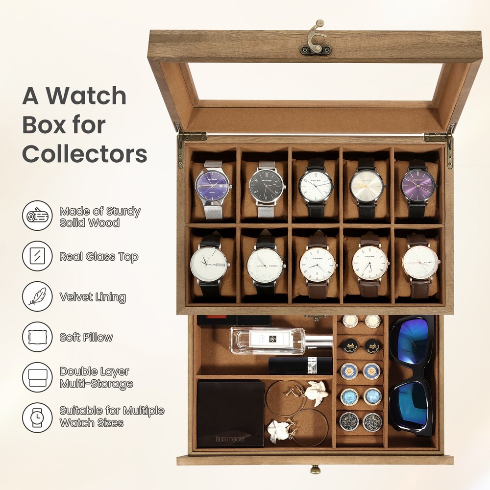 10Slots Watch Box Holder Solid Wood w/lear Top Jewelry Storage Display Case GIFT