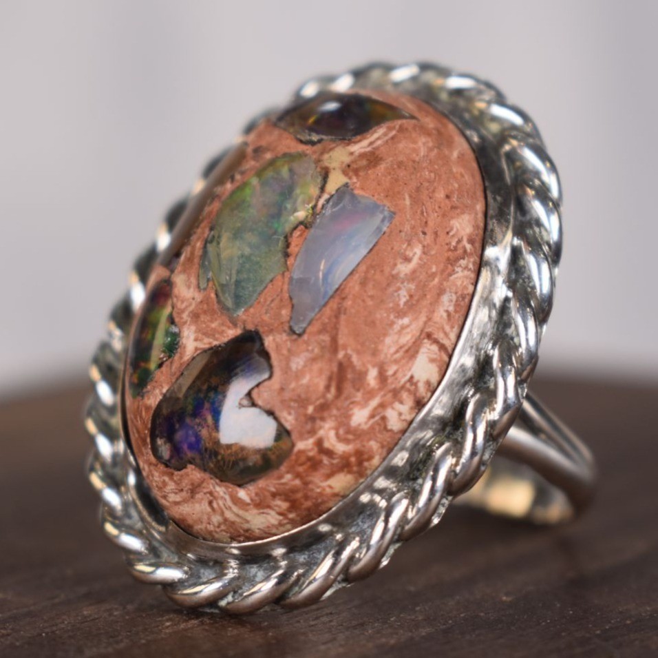 Vintage Boulder Matrix Opal Sterling Silver Rope Border Ring Southwestern