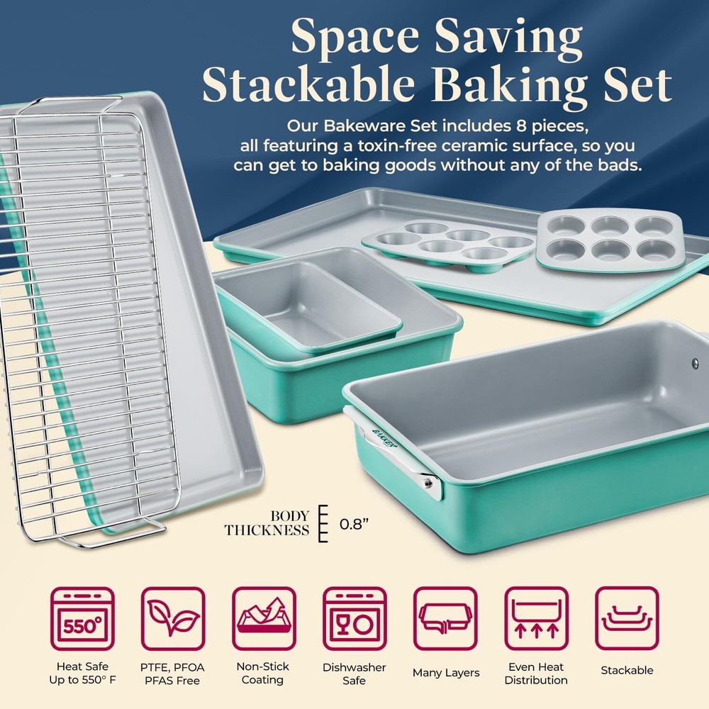 Bakken 8-Piece Stackable Bakeware Set - Ceramic Non-Stick Coating, Baking Sheets