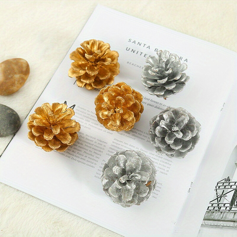 7pcs Holiday Time Mini Pinecone Ornaments Glitter Sparkle Silver Winter Decor
