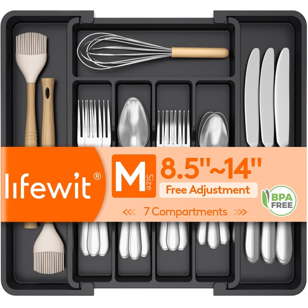 Lifewit Silverware Drawer Organizer, Medium (8.5-14''W x 12''D), Black