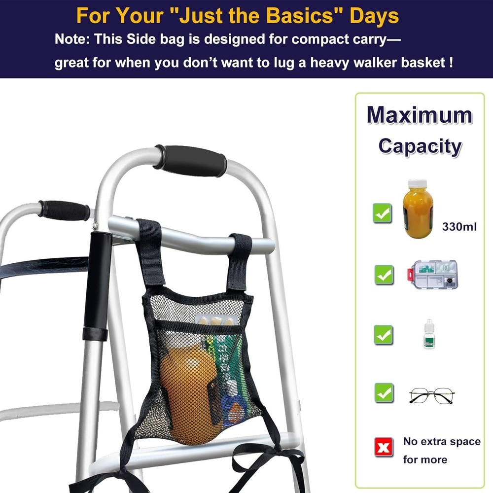 Lightweight Walker Side Bag Mesh Organizer for Essentials - Easy Attach Black