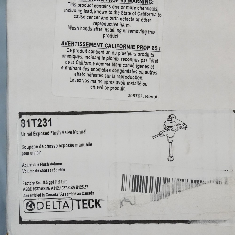 Delta 81T231 Urinal Flush Valve Exposed Manual Chrome