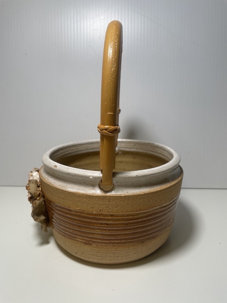 Handcrafted Pottery Bamboo Handle Basket Flower Signed Colleen Schneider