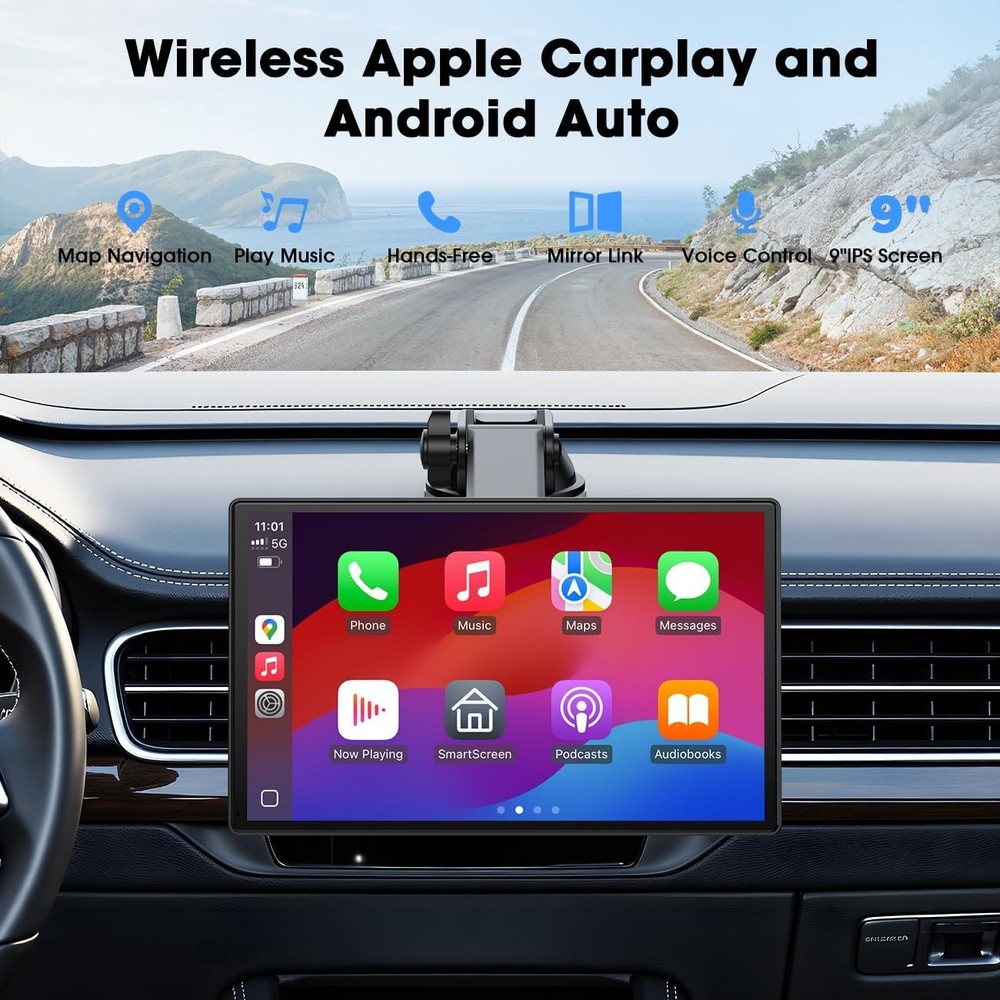 9" Wireless CarPlay & Android Auto Screen with Bluetooth Voice Control Portable
