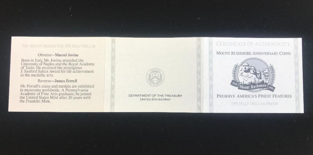 1991 MOUNT RUSHMORE PROOF CLAD HALF DOLLAR ~ U.S. MINT ORIGINAL BOX & COA