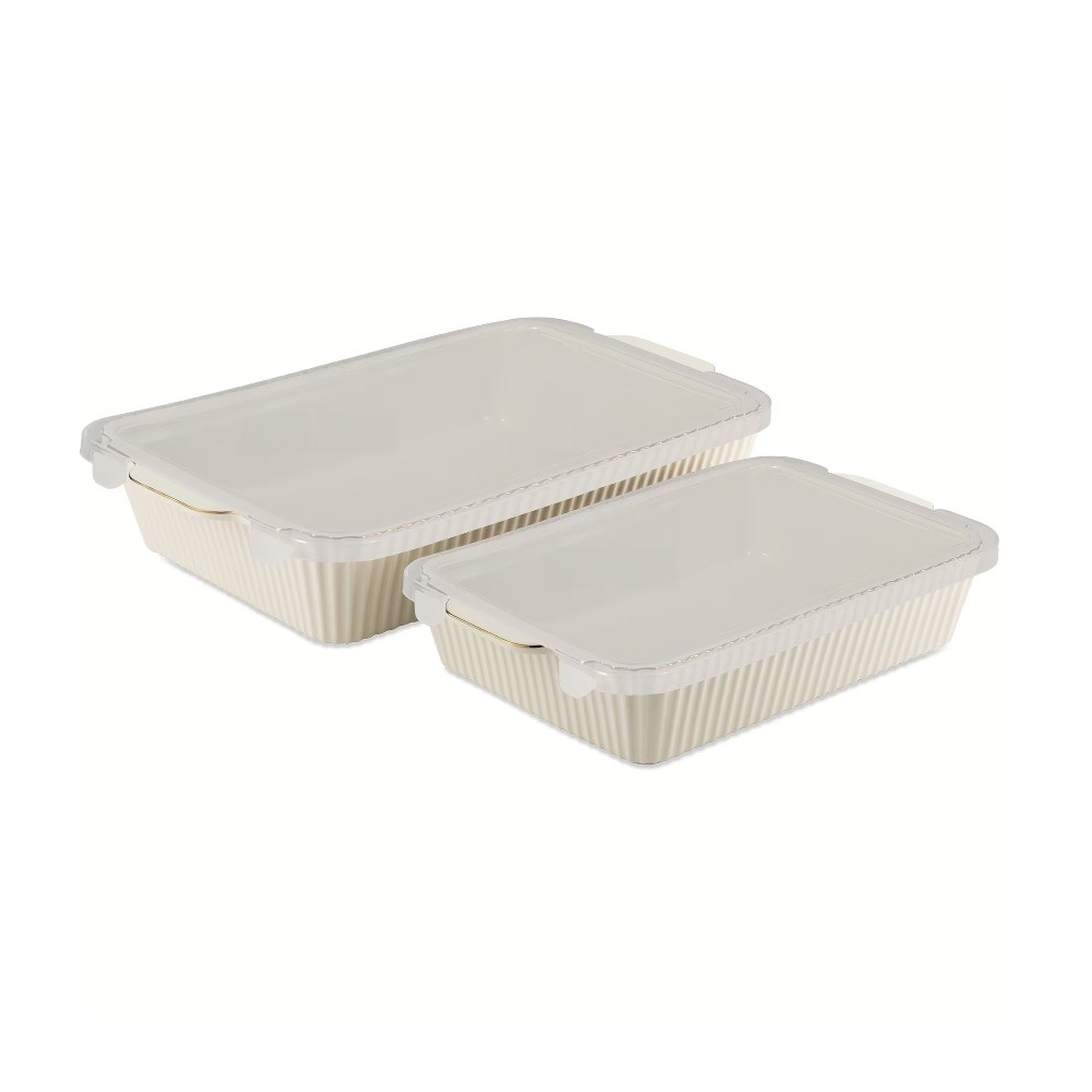 4-Piece Stoneware Casserole Dish Bakeware Set, Includes Lids, White Ribbed