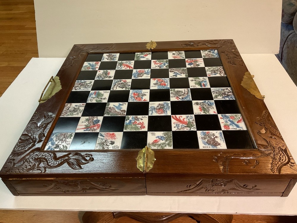 Carved, Inlaid, Portable Chess Board.