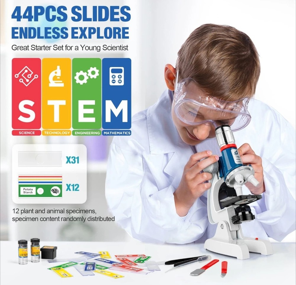 Kids Microscope Kit - 58 Pieces 100X-1200X Magnification LED Light
