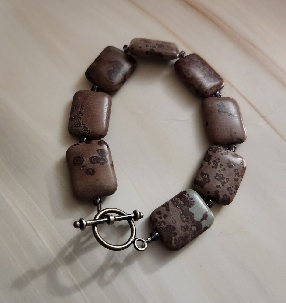 Natural Brown Jasper Crinoid Rectangular Stone Beaded Bracelet