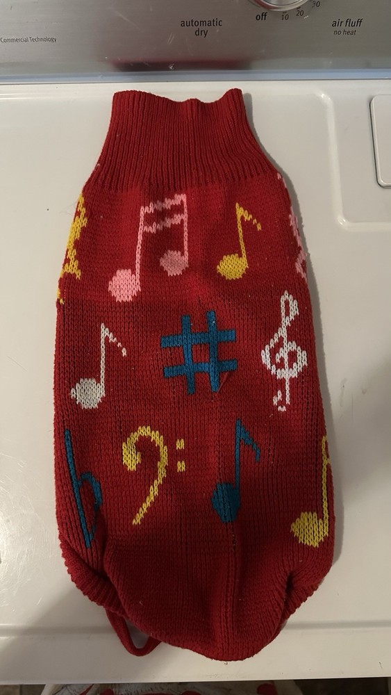 Musical Notes Pattern Red Dog Sweater (pre-owned)