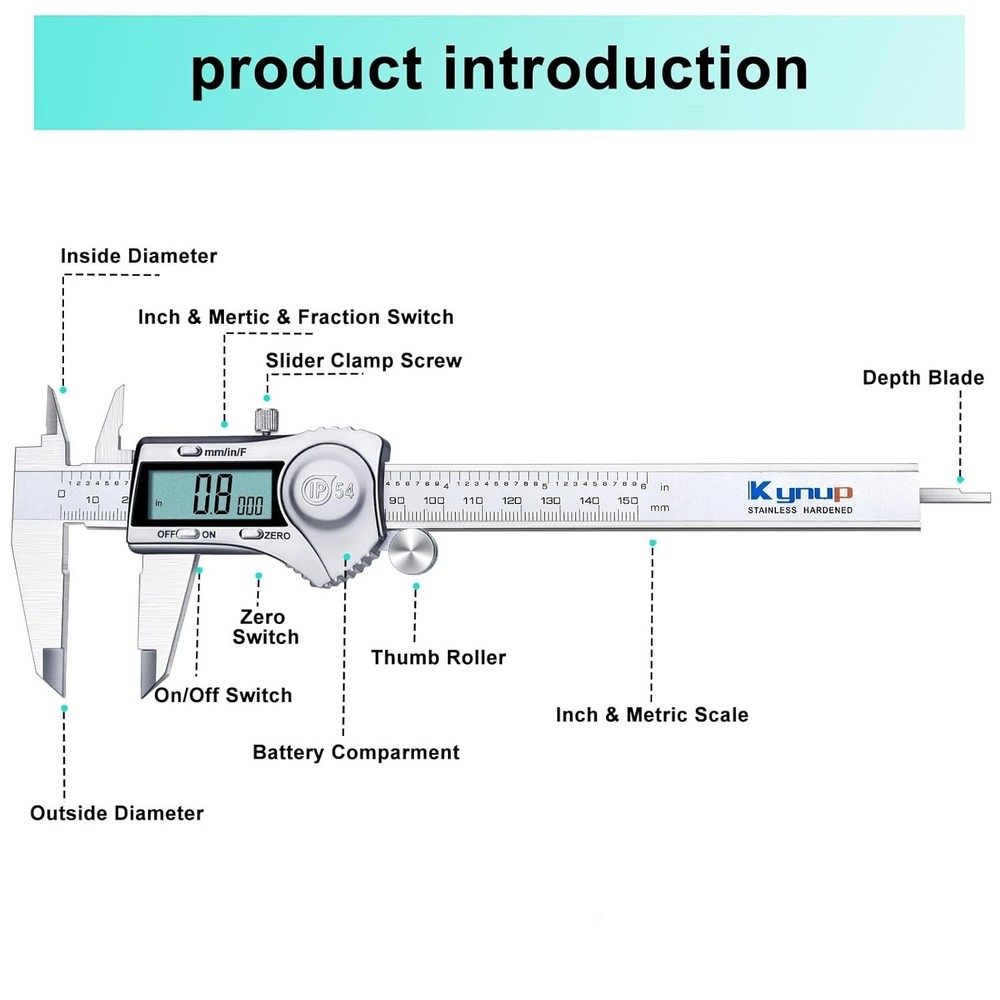 Versatile Digital Caliper 6 Inch - Splash Proof, Large LCD, 3 Units Conversion