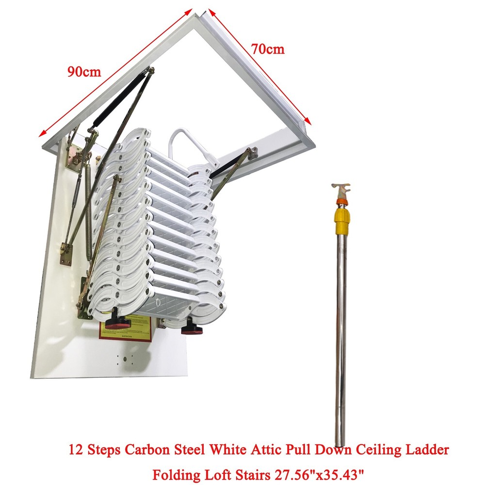 12 Steps Carbon Steel White Attic Pull Down Ceiling Ladder Folding Loft Stairs