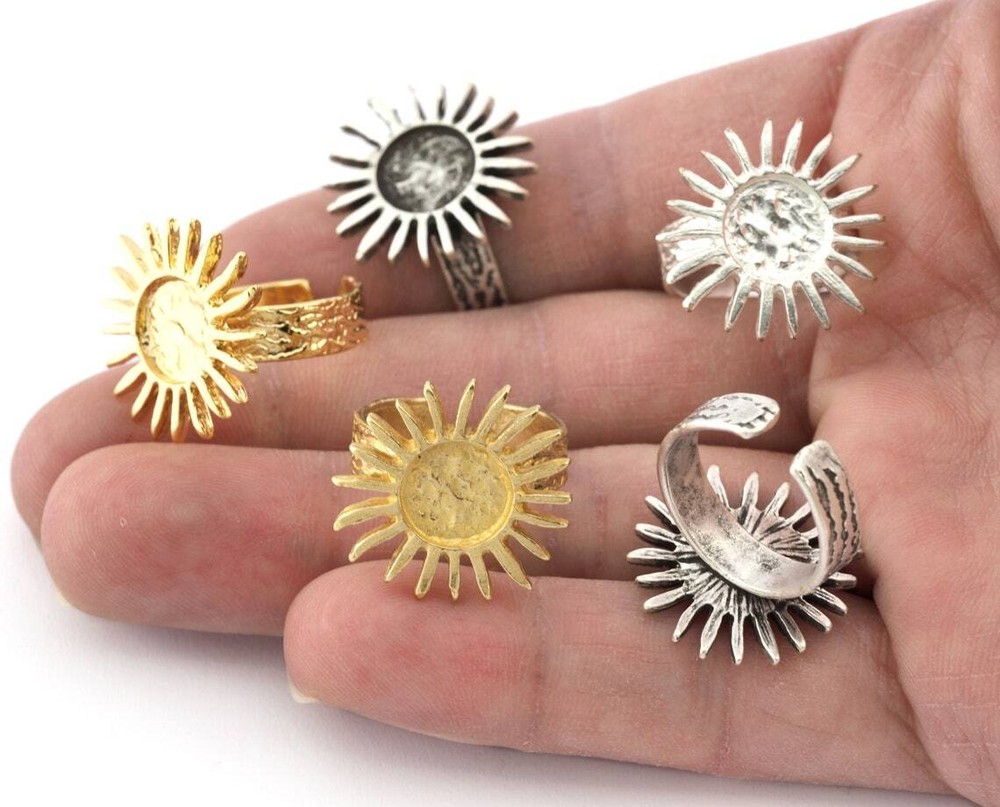 Sun Ring Adjustable Raw Brass,Antique Silver Shiny silver-gold (8us) 5352