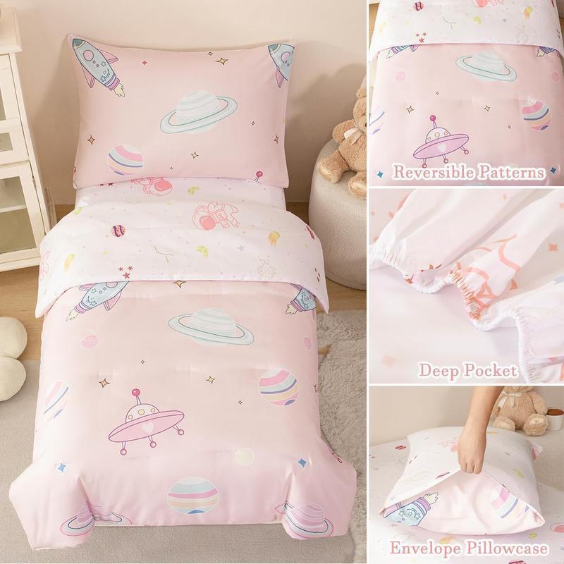 4 Piece Toddler Girl Bedding Set Space Theme Soft Reversible Comforter Sheets US