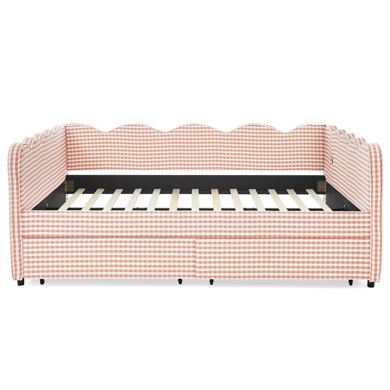 Queen Size Cozy Gingham Daybed with Two Storage Drawers and Adorable Wave Shaped