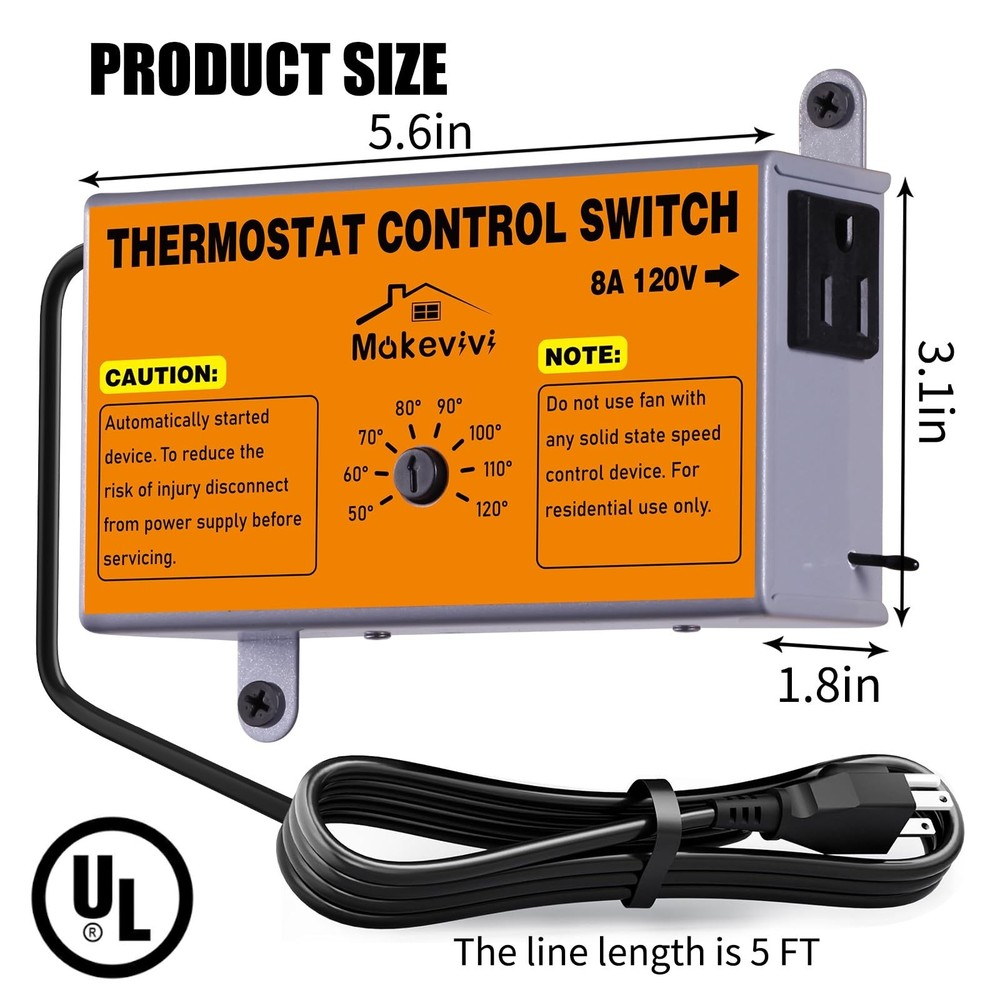 Attic Fan Thermostat-Control, Adjustable Thermostat with Overload Protector, ...