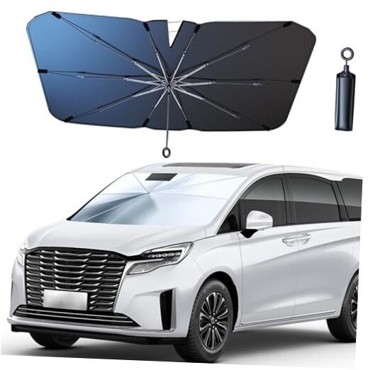 Car Front Windshield Sun Shade with Pull Cord, Umbrella Sun Shade 59.1"x37.4"